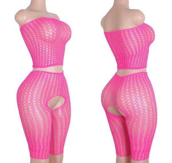 strapless sheer mesh crop top and matching high-waisted capri set