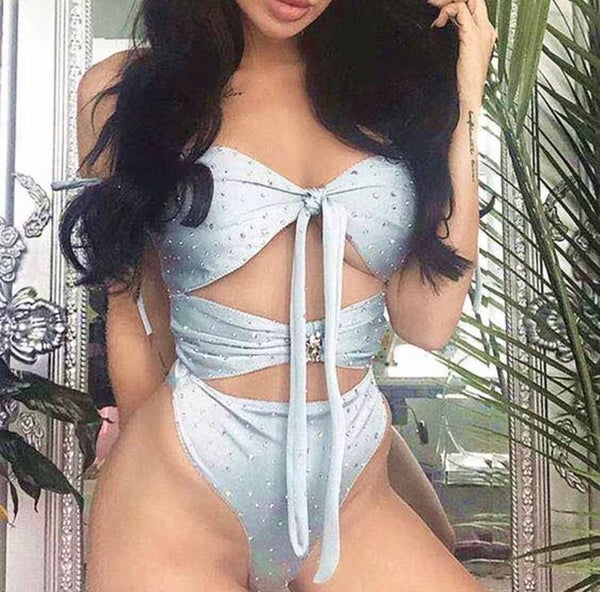 Glamorous icy blue rhinestone bodysuit