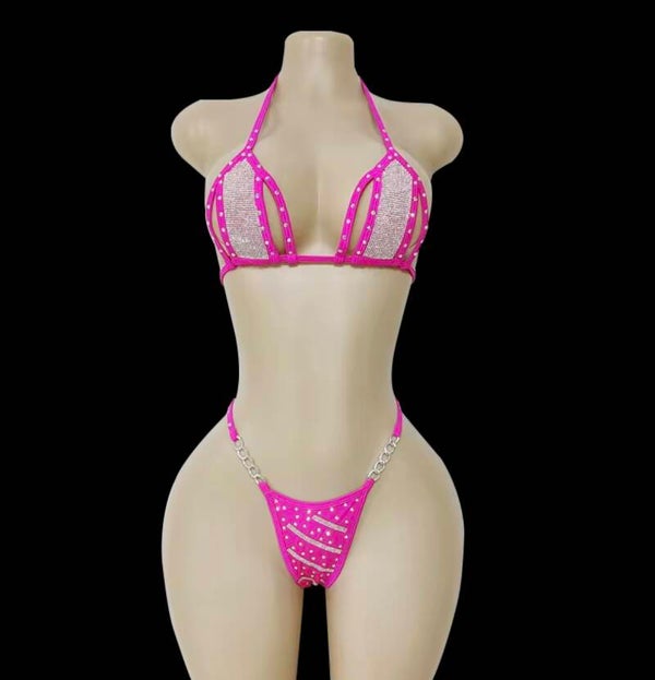 Sparkling crystal mesh two piece bikini set