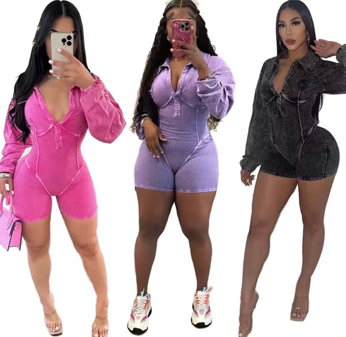 Trendy ribbed long sleeve romper