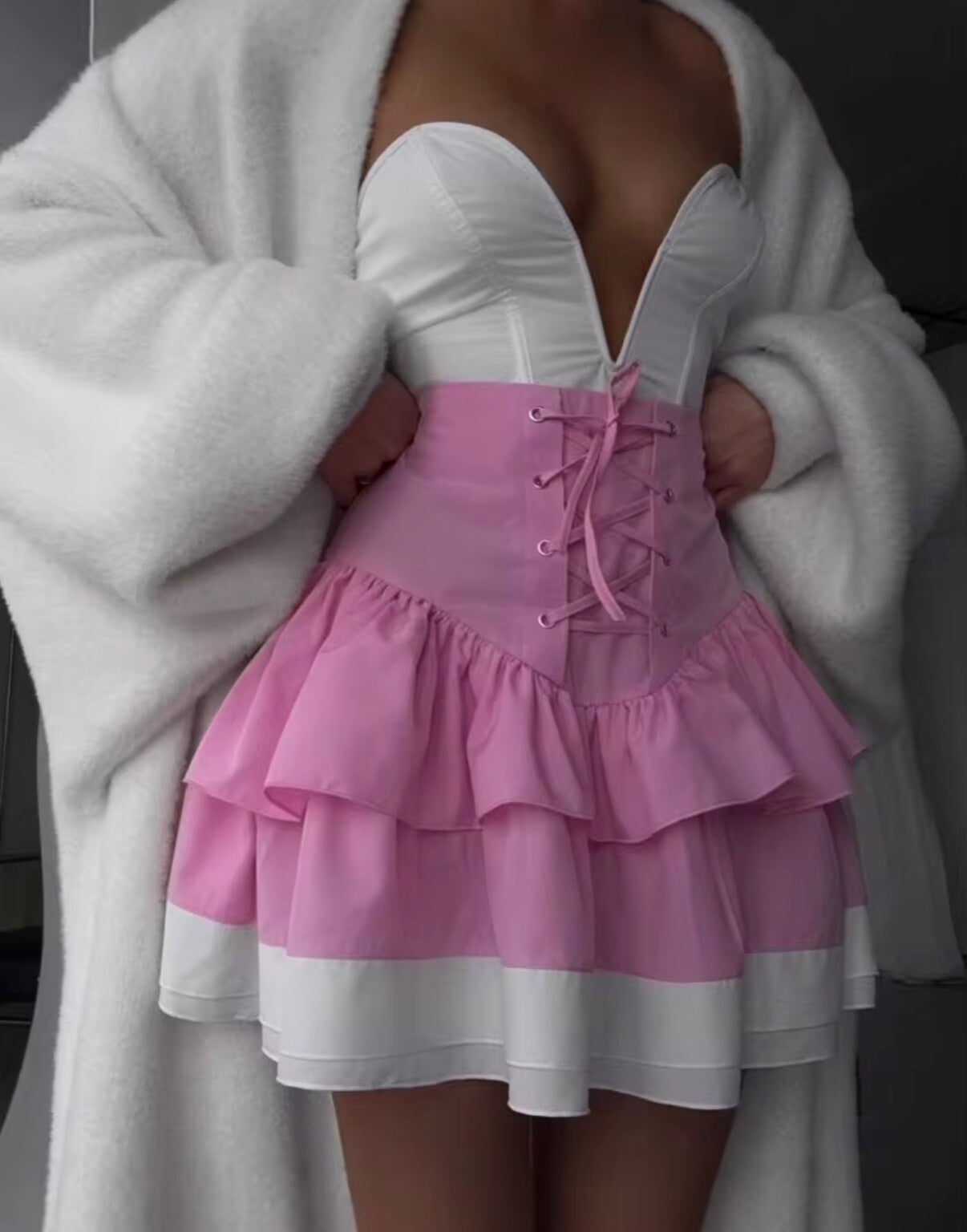 Romantic coquette-inspired mini skirt outfit