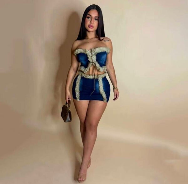 Y2K winter glam denim two-piece set