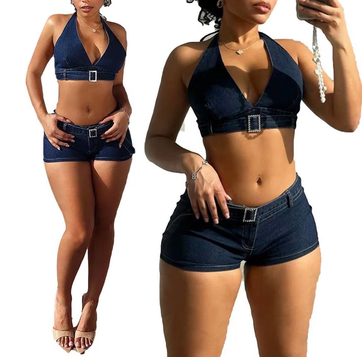 Ultra confidence dark denim two-piece outfit