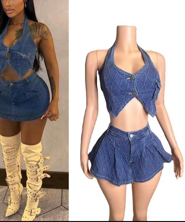 Halter Mini Dark Denim Two piece Set