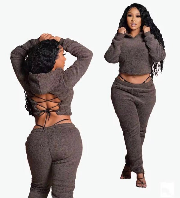 Cozy textured two-piece lounge open back set