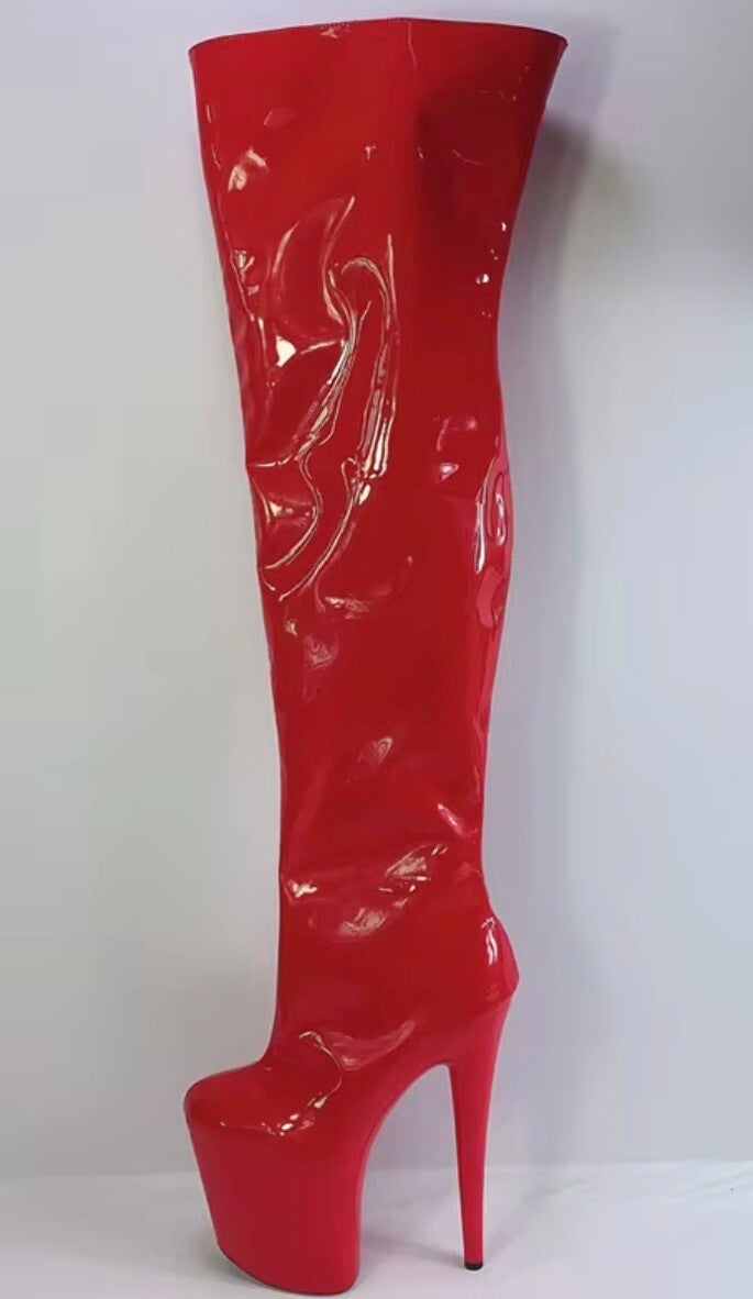 Firefighter Red Over the Knee eight inch high platform boots