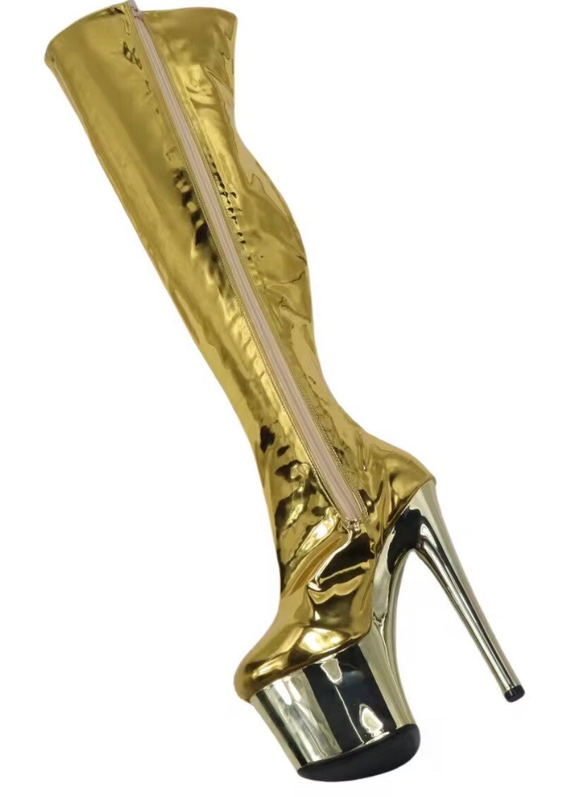 Golden over the knee eight inch high platform boots