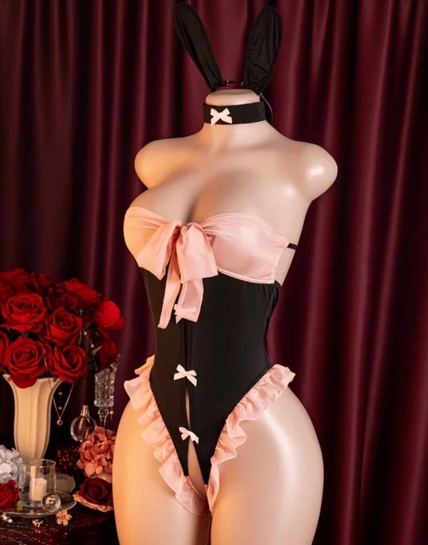 Sexy Bunny Costume for Women | Pink & Black Ruffle Bunny Bodysuit Lingerie Set with Bunny Ears