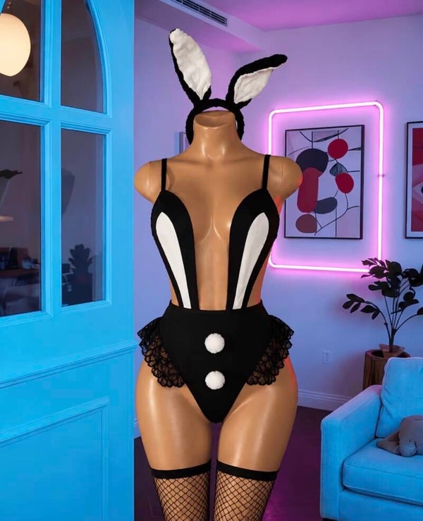Sexy Bunny Costume for Women | Black & White Bunny Lingerie Bodysuit with Lace Ruffles & Bunny Ears