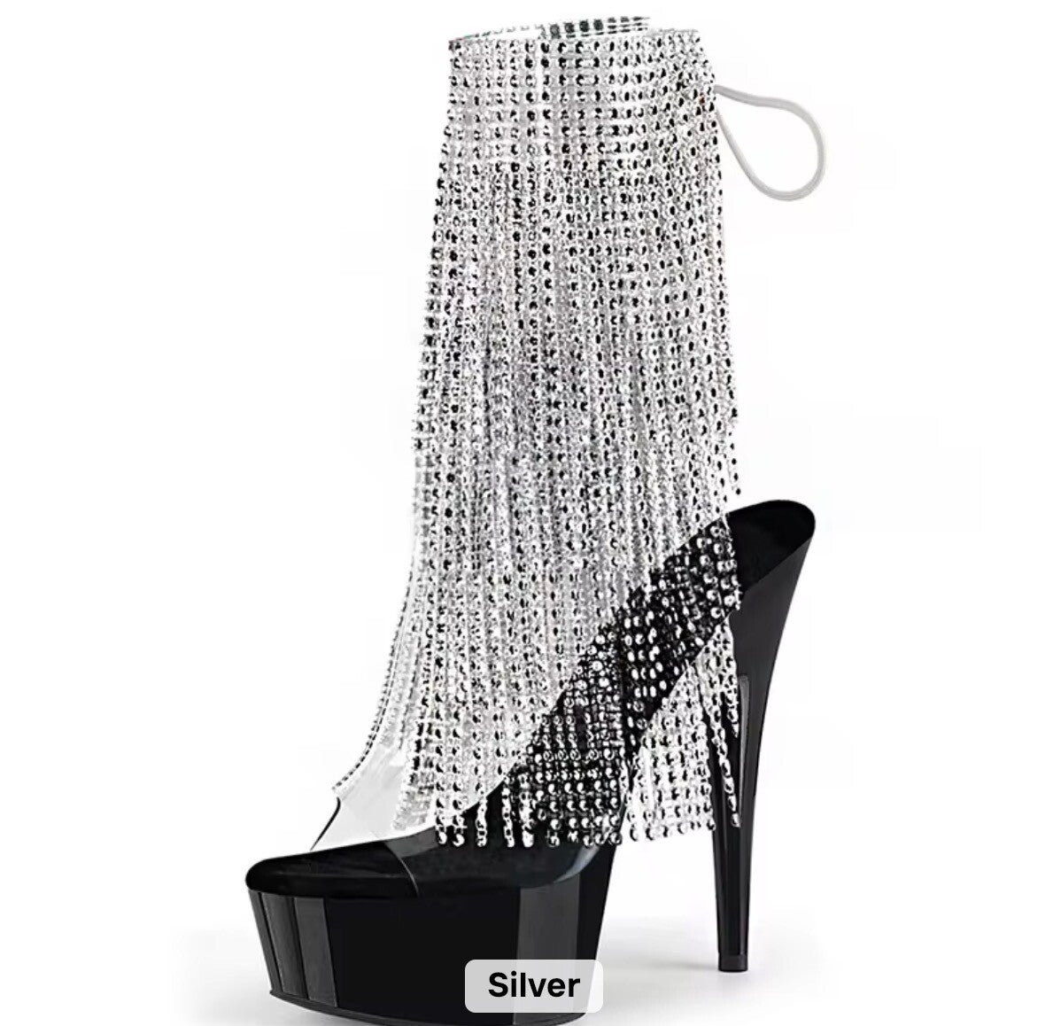 Luxury exotic platform heels drenched in cascading silver crystal fringe
