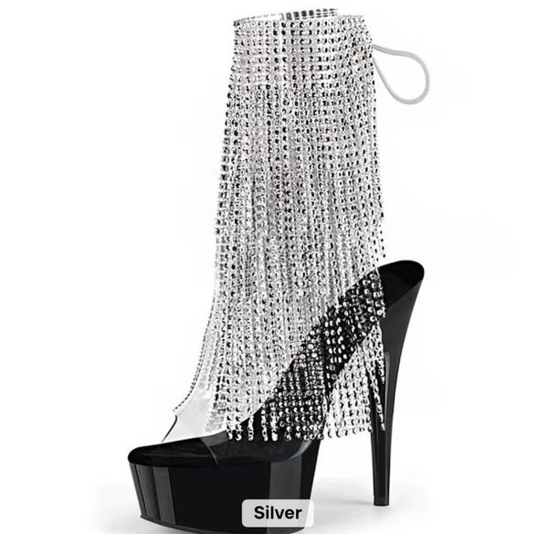 Luxury exotic platform heels drenched in cascading silver crystal fringe
