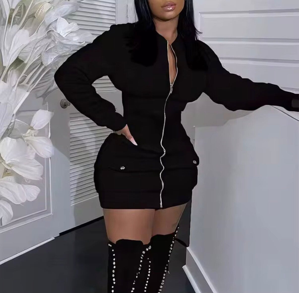 Fitted street wear long sleeve zip front mini dress