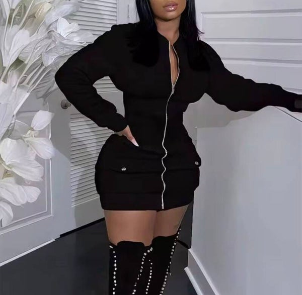 Fitted street wear long sleeve zip front mini dress