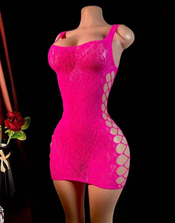 Hot Pink Fishnet Cutout Mini Dress | Bodycon Exotic Dancewear & Clubwear