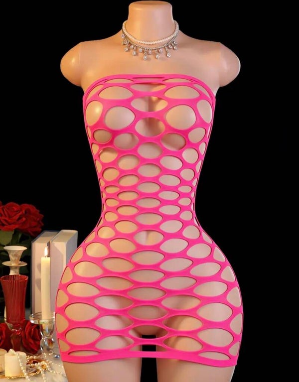 Hot Pink Fishnet Cutout Mini Dress | Oversized Oval Mesh Bodycon Exotic Dancewear