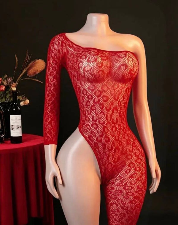 Red Lace One-Shoulder Bodysuit | Sheer Floral Lace Long Sleeve Exotic Dancewear