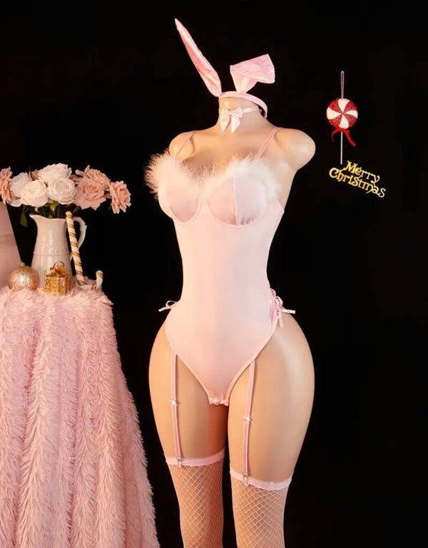 Pink Bunny Lingerie Bodysuit Set | Fluffy Trim Teddy with Bunny Ears, Garters & Thigh-High Stockings