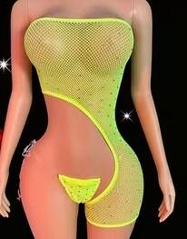 Neon Lime Green Rhinestone Fishnet Bodysuit | Asymmetrical Cutout Exotic Dancewear