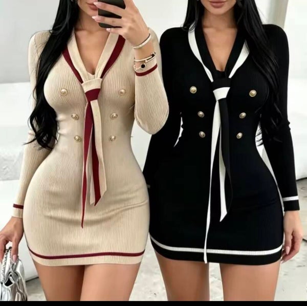 ✨ Product Name  Midnight Ballerina’s Executive Muse™ Knit Bodycon Mini Dress | Long Sleeve Tie-Neck Button Detail