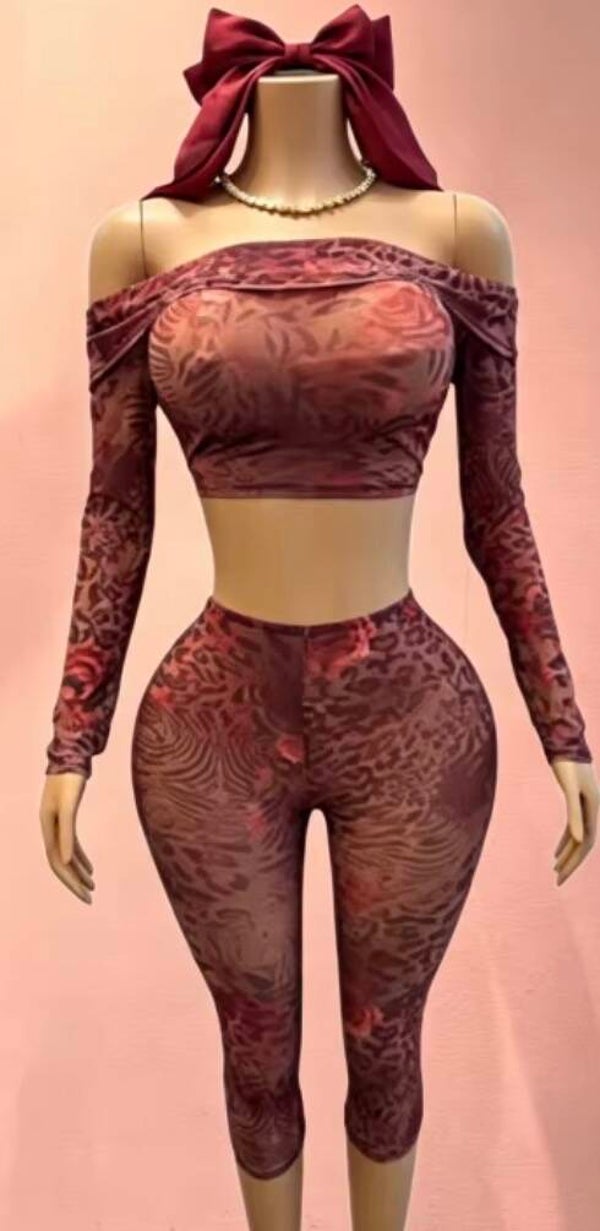 Midnight Ballerina’s Wild Ember™ Red Animal Print 2-Piece Set | Off-Shoulder Crop Top & High-Waisted Leggings
