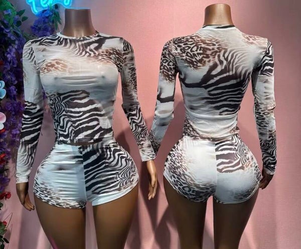 Midnight Ballerina’s Wild Luxe™ Leopard & Zebra Mesh 2-Piece Set | Long Sleeve Top & High-Waist Shorts
