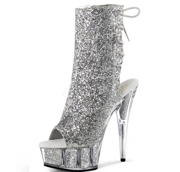 Midnight Ballerina’s Glitter Luxe™ 6-Inch Platform Ankle Boots | 15cm Lace-Up Exotic Dance & Pole Shoes