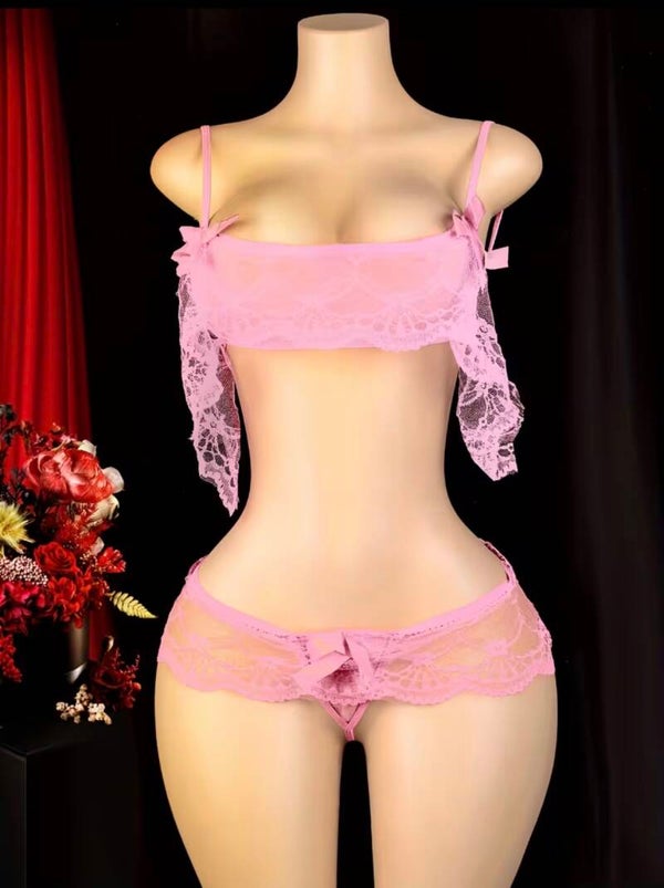 Pink Lace Babydoll Lingerie Set | Strappy Cami Top & Cheeky Thong Shorts