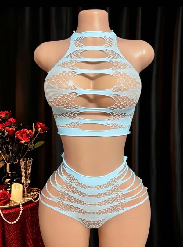 Baby Blue Cutout Fishnet 2-Piece Set | Strappy Crop Top & High-Waist Exotic Dancewear