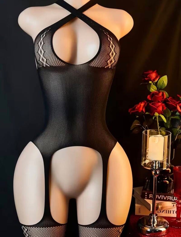 Black Lace Mesh Halter Teddy Bodysuit | Strappy Sheer Exotic Dancewear