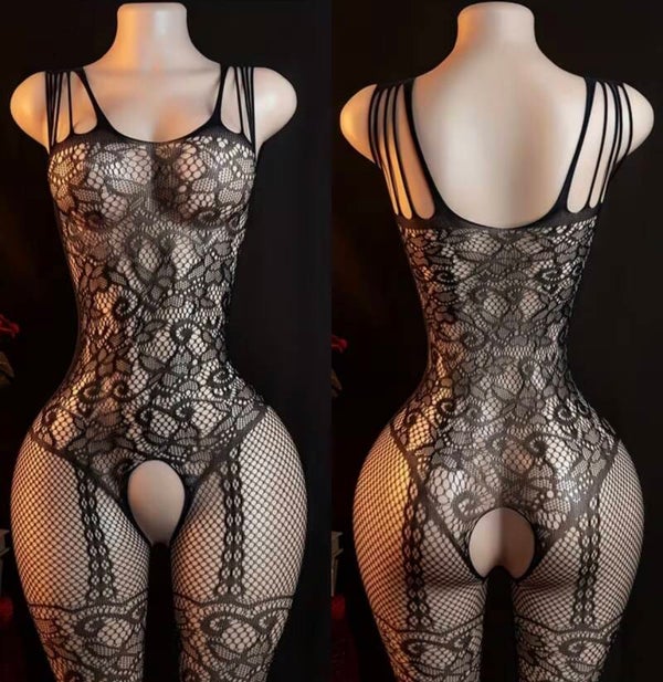 Black Floral Lace Fishnet Crotchless Bodystocking Teddy | Strappy Exotic Dancewear