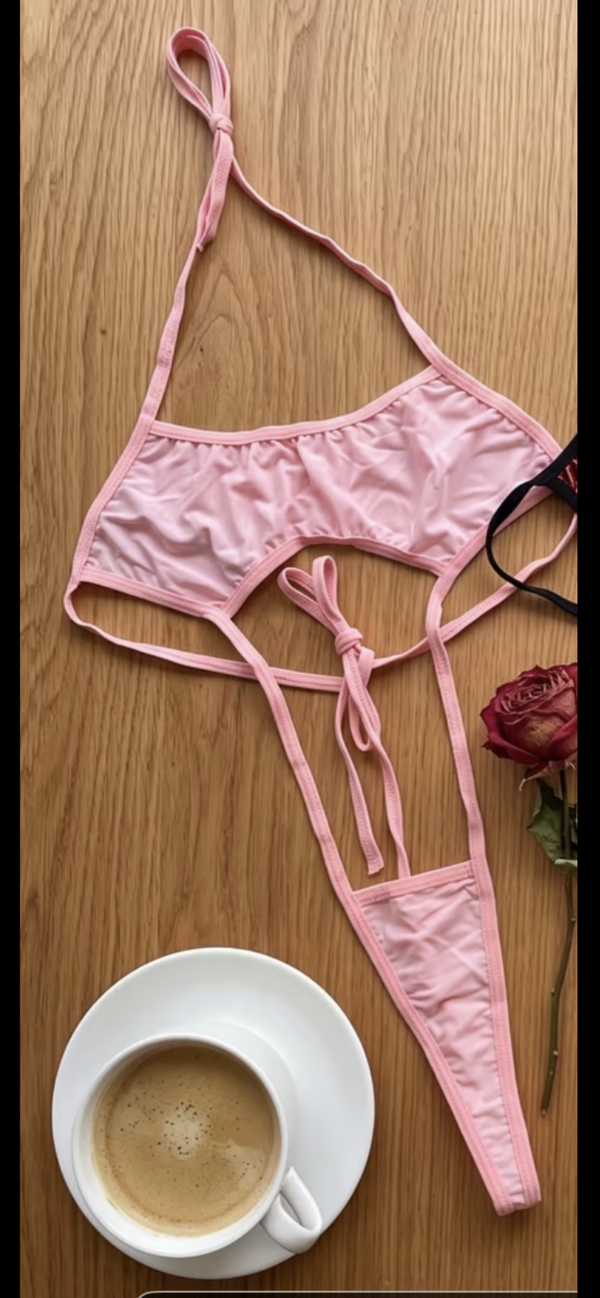 Pink Satin Halter Bikini Set | Strappy Cheeky Exotic Dancewear