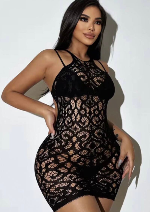 Black Crochet Lace Mini Dress | Strappy Bodycon Exotic Dancewear