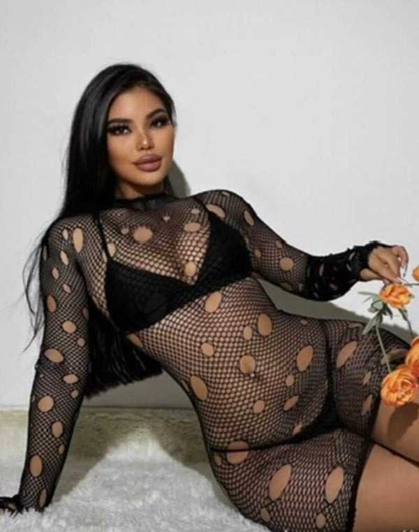 Black Distressed Fishnet Bodysuit | Long Sleeve Cutout Exotic Dancewear