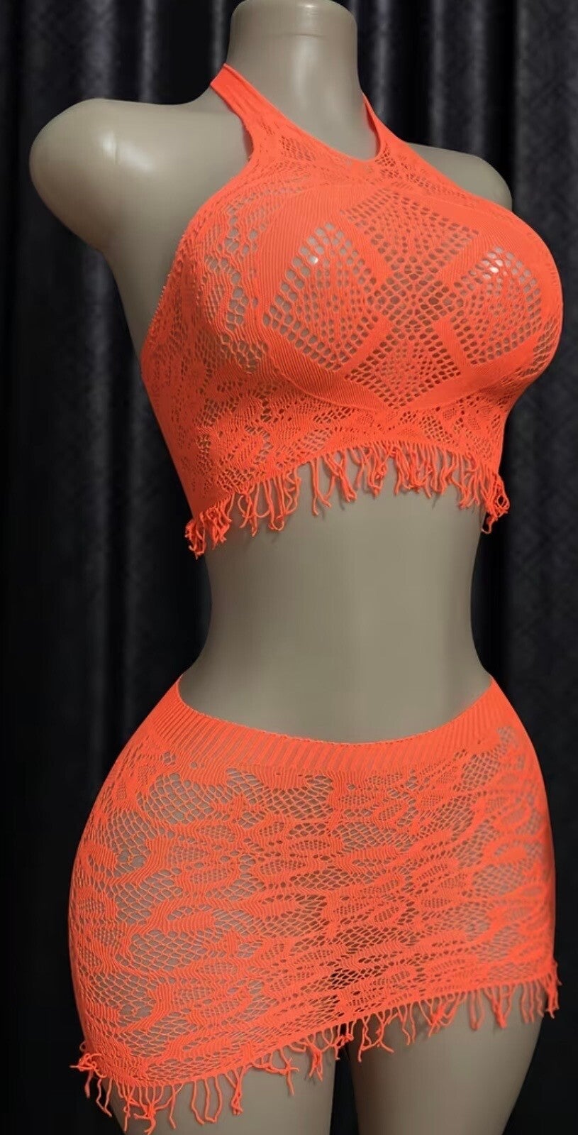 Neon coral lace two-piece mini skirt set with halter Top,