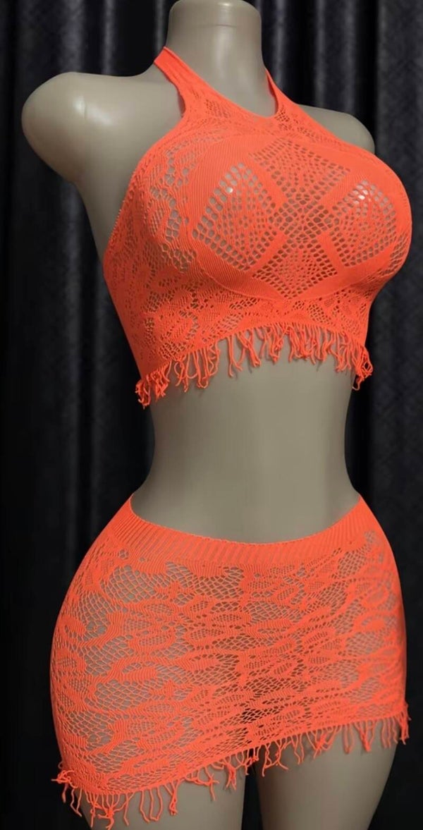 Neon coral lace two-piece mini skirt set with halter Top,