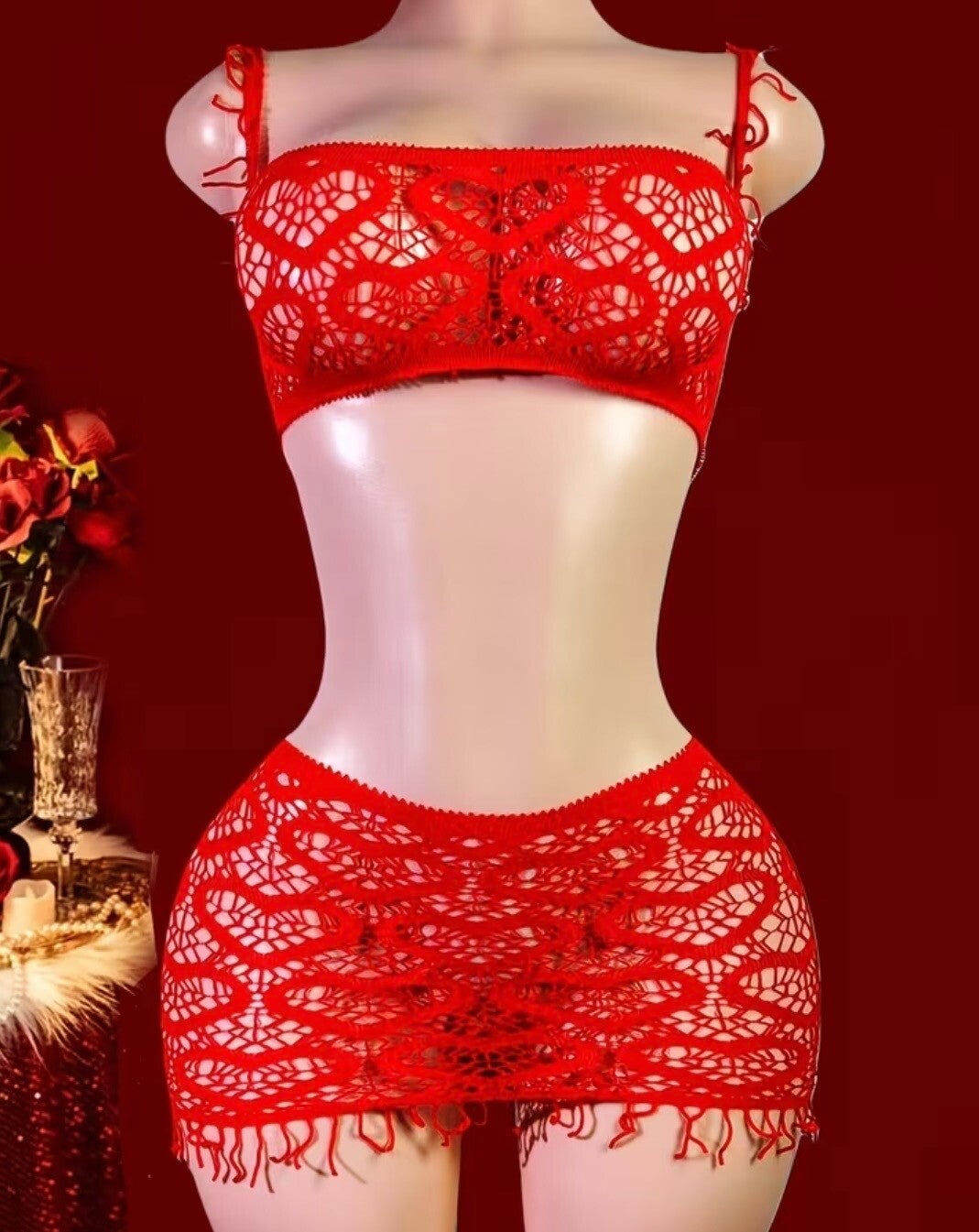 Bold red lace two-piece mini skirt set with sheer floral fishnet texture