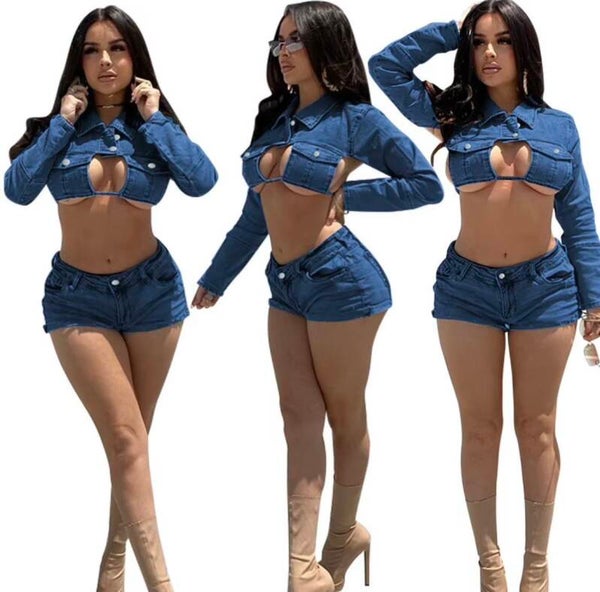 Midnight Ballerina’s Lace-Up Denim Two-Piece Set | Long Sleeve Cropped Jacket & High-Waisted Shorts