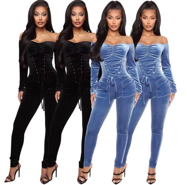 Midnight Ballerina’s Velvet Lace-Up Corset Jumpsuit | Off-Shoulder Stretch One-Piece Exotic Dancewear
