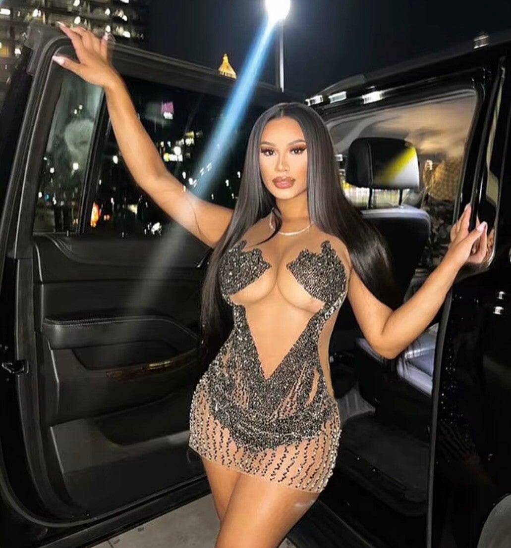 MIDNIGHT BALLERINA’S RHINESTONE FRINGE BODYSUIT DRESS