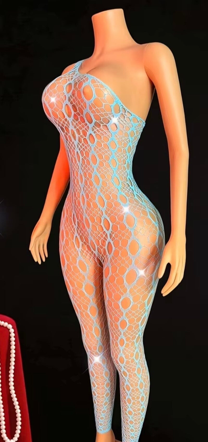Icy blue fishnet full-body bodysuit with asymmetrical one-shoulder design,