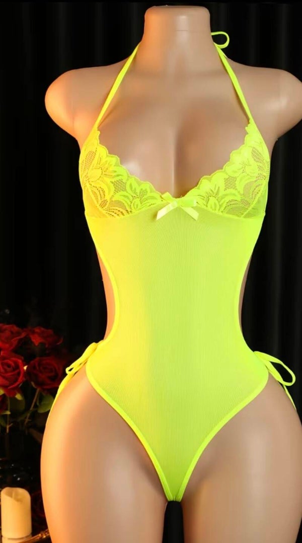 Ultra glamorous, neon yellow lace bodysuit