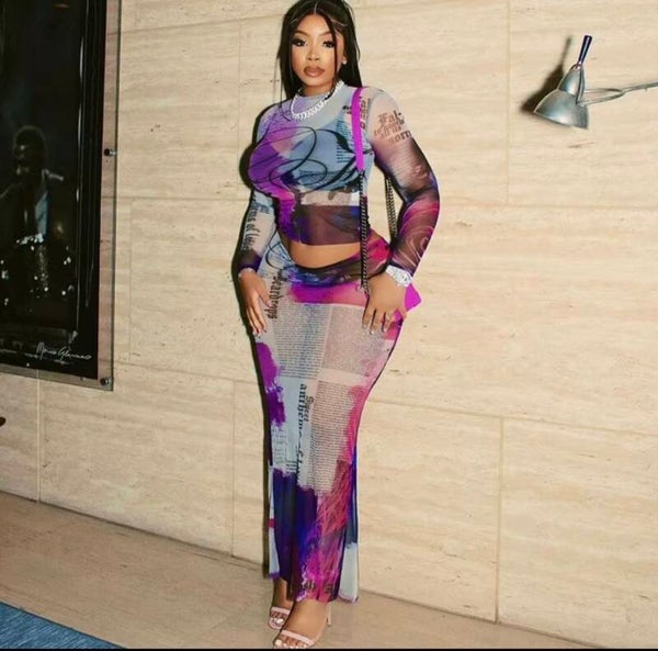 Women’s Purple & Pink Newspaper Print Two-Piece Maxi Skirt Set | Long Sleeve Mesh Crop Top & Matching Skirt
