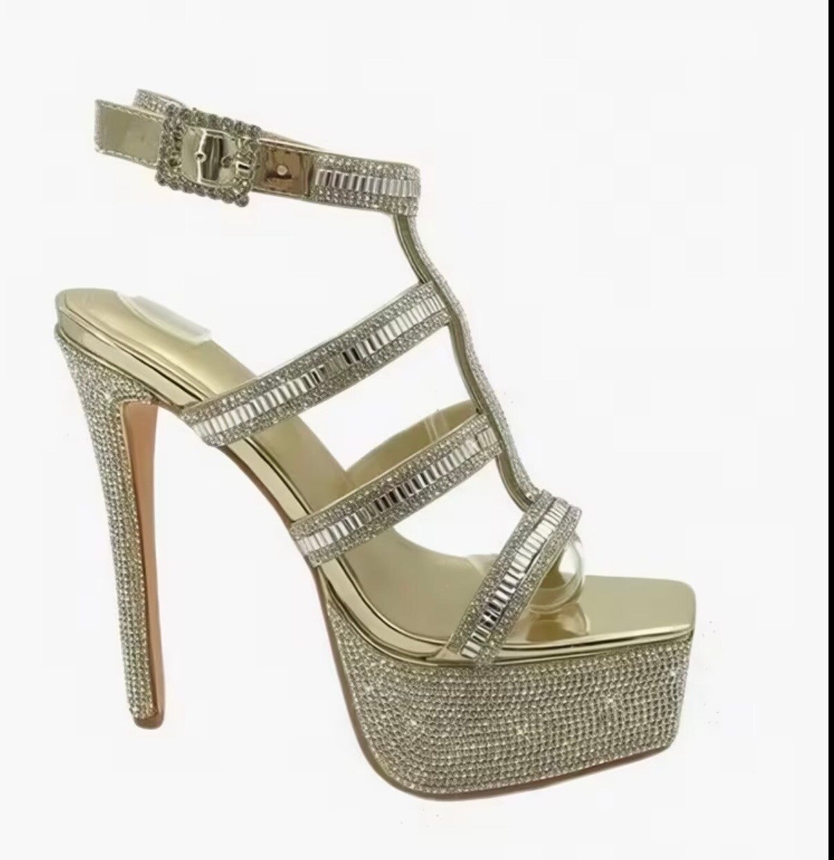 Luxury gold rhinestone platform heels with ultra high stiletto heels.