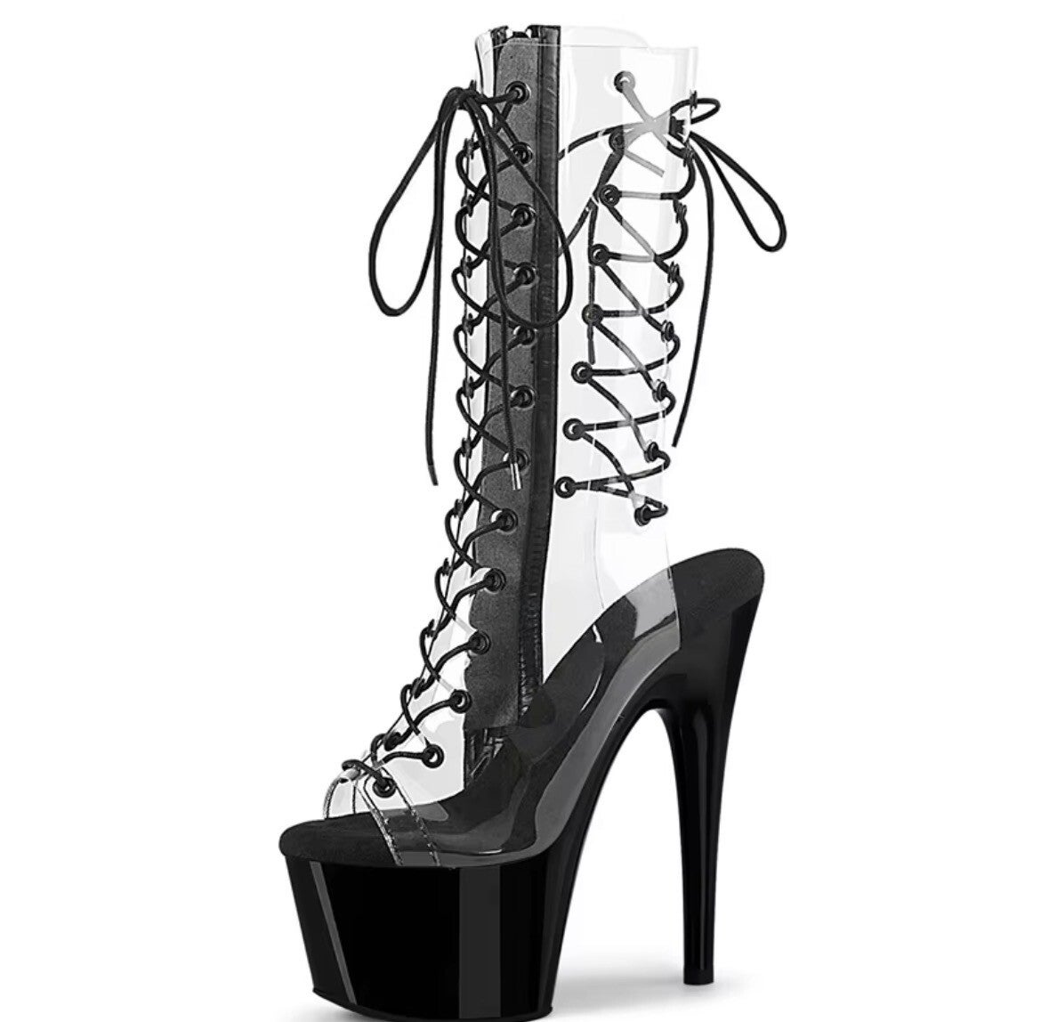 Women’s 7-Inch Black Platform Lace-Up Clear Boots | Tall Transparent Exotic Dance Heels