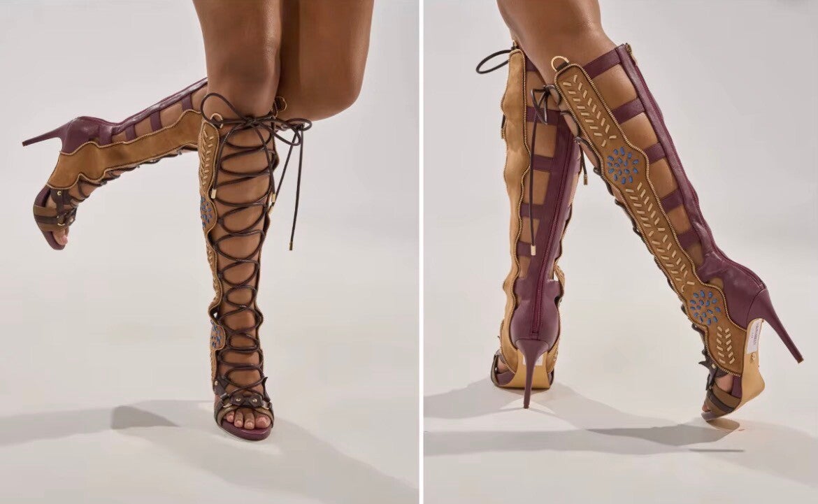 Women’s Embroidered Gladiator Stiletto Boots | Tall Lace-Up Open-Toe Heels
