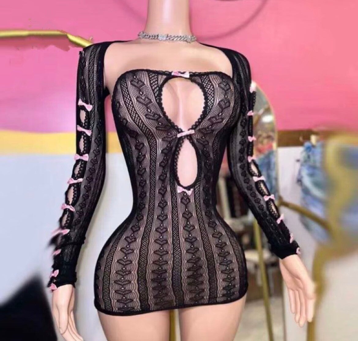 Midnight Coquette™ Black Lace Cutout Mini Dress with Pink Bows