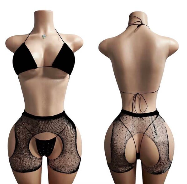 Rhinestone Peekaboo Fishnet Exotic Dancewear Set | Open-Back Bikini & Cutout Shorts