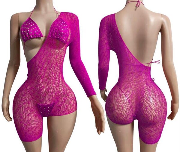 Midnight Siren Rhinestone Fishnet Romper Set | One-Sleeve Sheer Bodysuit & Triangle Top
