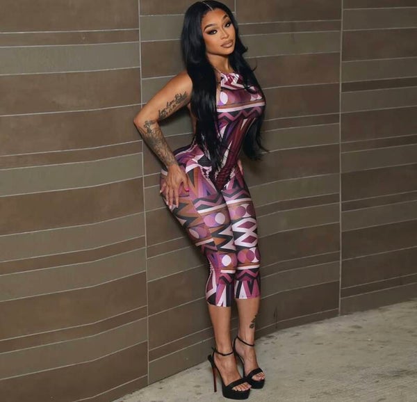 Bardi Bombshell Geometric Capri Jumpsuit | Cardi-Inspired Purple & Pink Statement Print