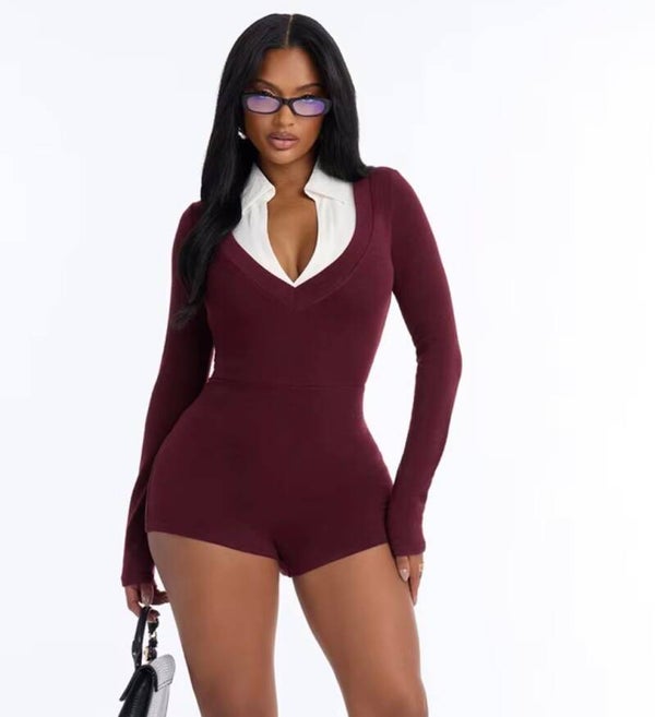 Bardi After Dark Collared Romper | Long Sleeve Plunging V-Neck Mini Playsuit